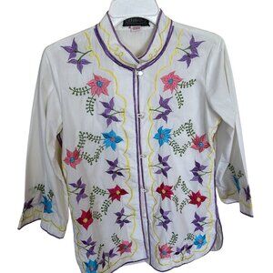 Vintage Belas Womens Long Sleeve Shirt Top Blouse White Multicolored Embroidery